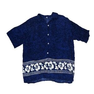 XL Mens Hawaiian Shirt Floral Print Button Up Short Sleeve Blue Rayon‎